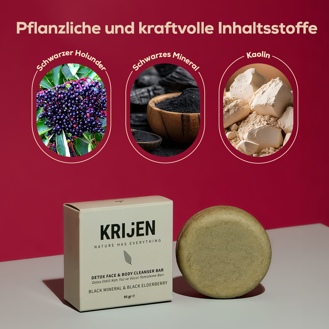 Entgiftender Reinigungsriegel für Gesicht und Körper mit schwarzen Mineralien und Holunder 95 g