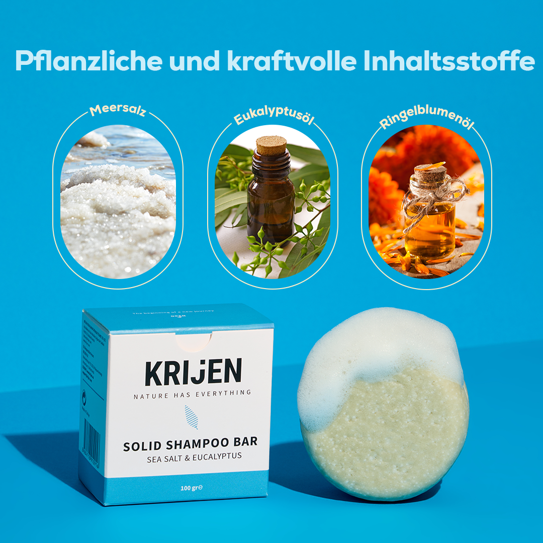 Festes Shampoo mit Meersalz und Eukalyptus 100 g – mit natürlichem Kürbis-Luffa