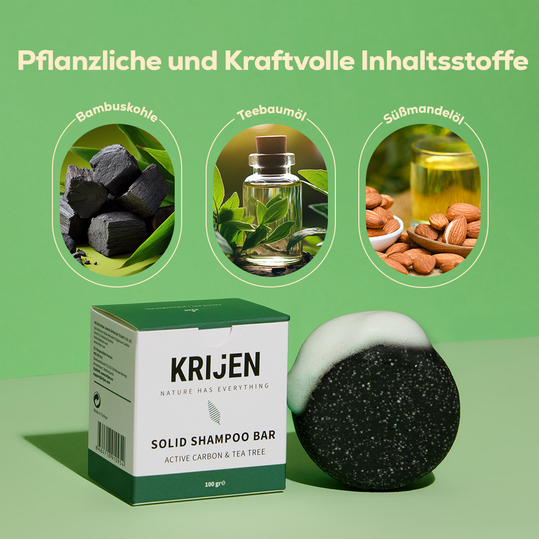 Festes Shampoo mit Aktivkohle und Teebaumöl 100 g – mit natürlichem Kürbis-Luffa